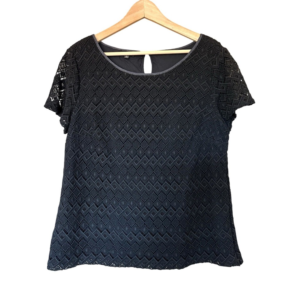 Talbots Black Heavy Lace Overlay Short Sleeve Shirt Career Classic Size 16 - Picture 2 of 9